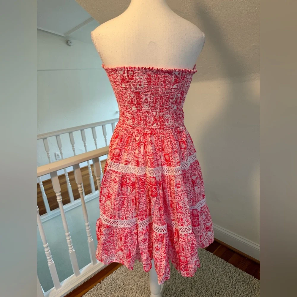 Lilly Pulitzer Kelvina Strapless Smocked Dress in Mizner Red Seaside Harbour M - Picture 3 of 9